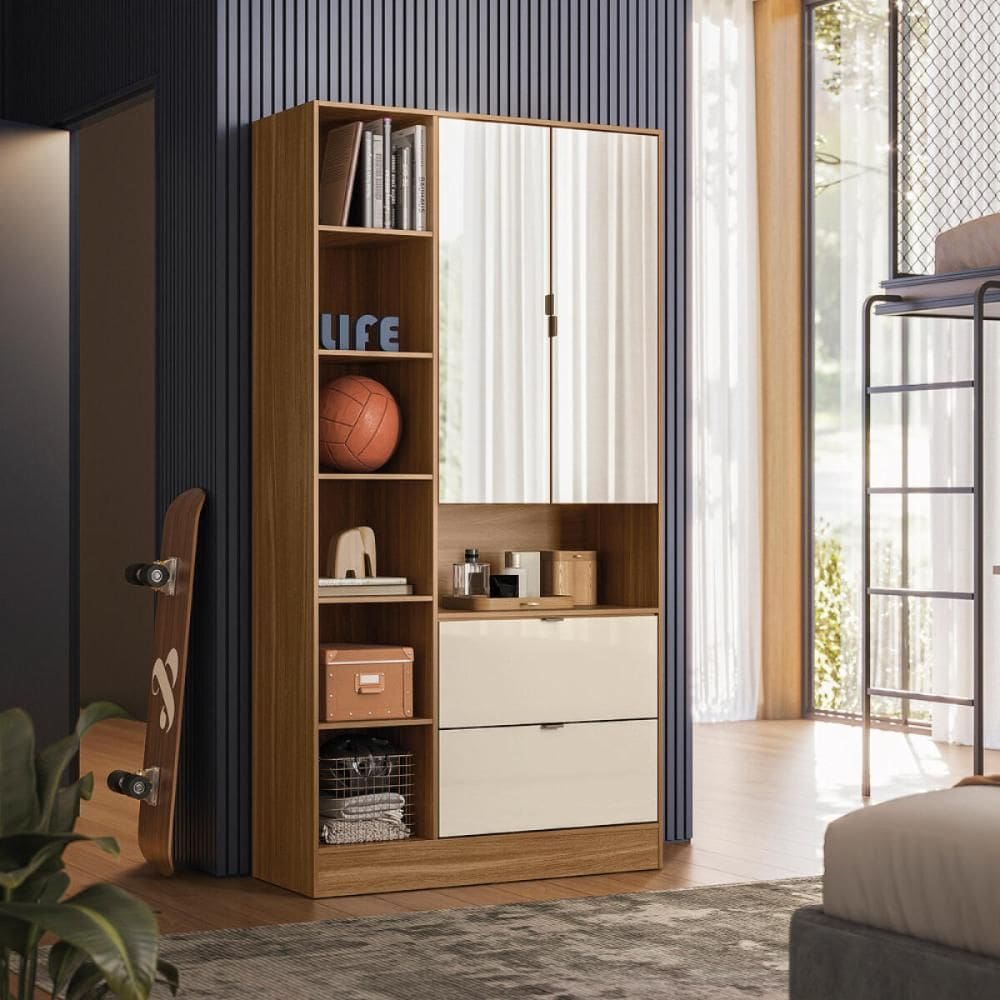 Guarda-Roupa Solteiro com Espelhos 2 Portas 2 Gavetas 92,4cm Multimóveis CR35294