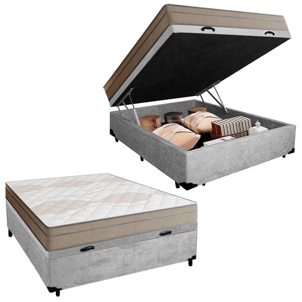 Cama Box Baú Casal Suede + Colchão De Molas Ensacadas Portobel Ipanema - 138x188x66cm Cinza