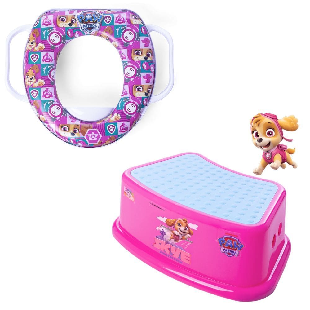 Kit Degrau Infantil Patrulha Canina Rosa + Redutor de Assento C/ Alça Patrulha Canina Skye