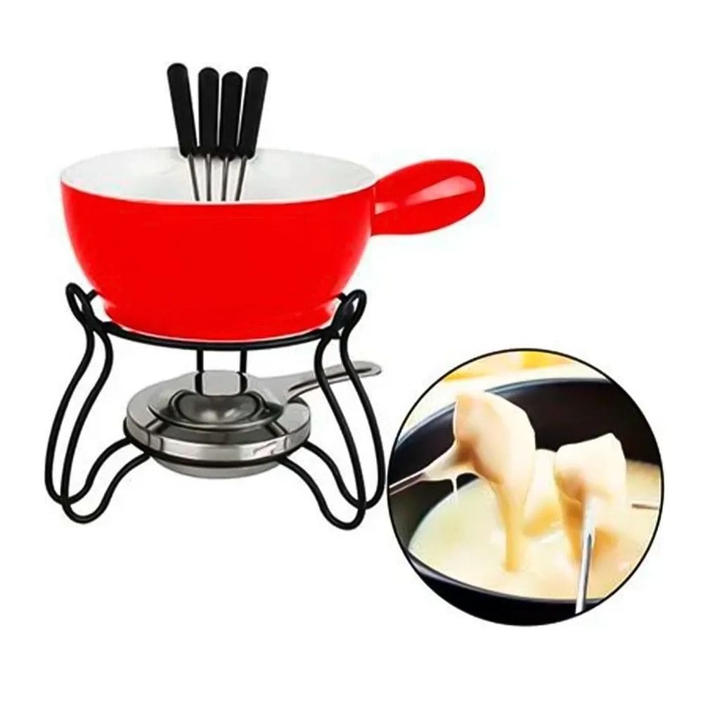 Conjunto De Fondue 8 Peças Panela 700ml Cerâmica Vermelho Garfos Inox