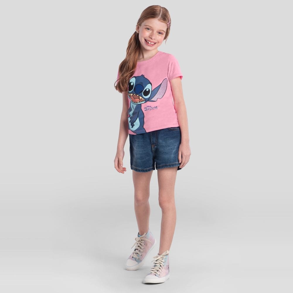 Blusa infantil menina brilhante do Stitch Brandili Rosa