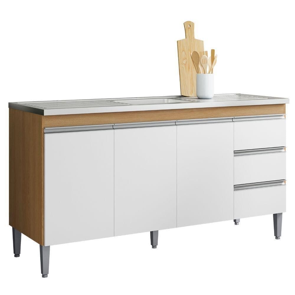 Balcão Para Pia Andréia 150 Cm 3 Portas Amendoa Branco Ajl