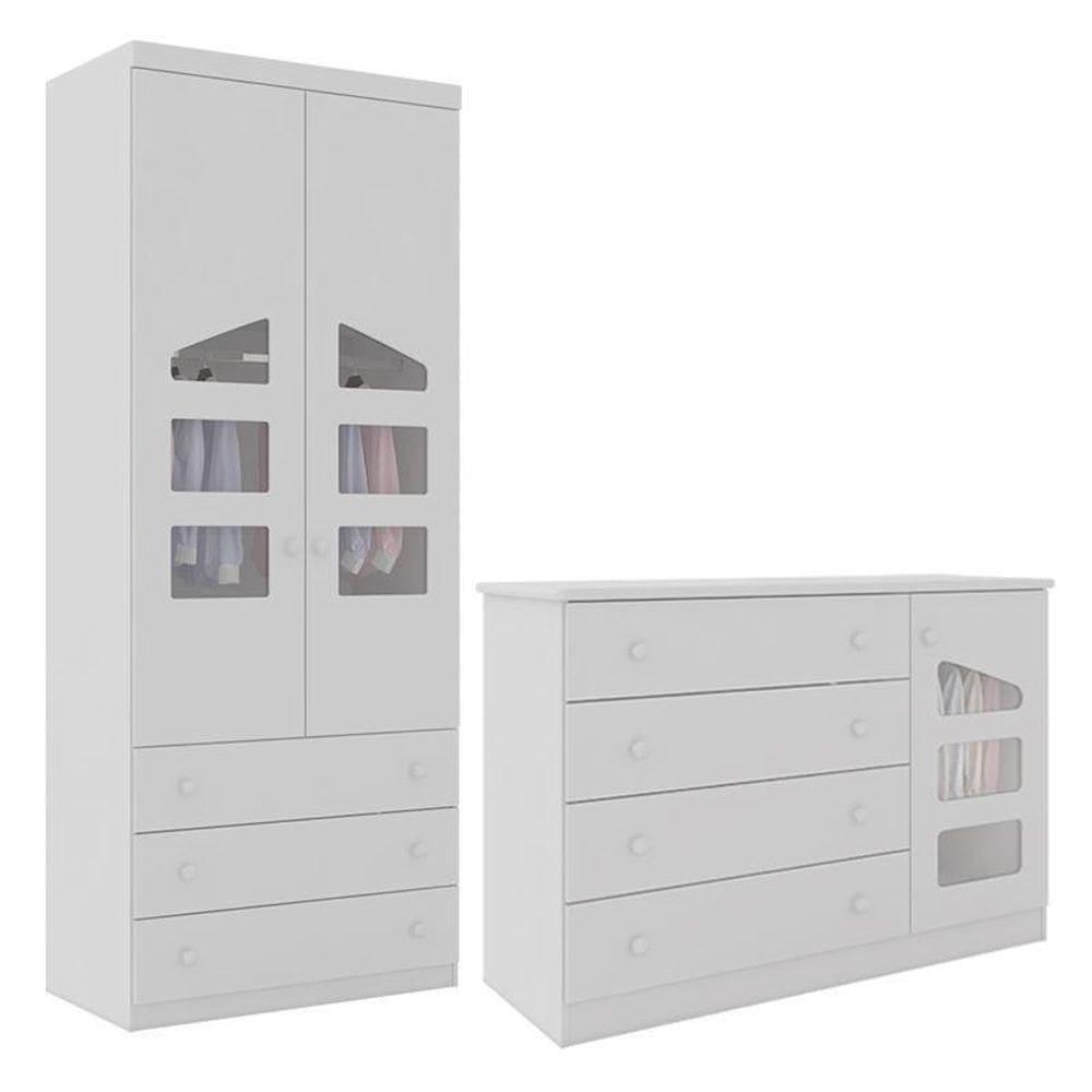 Jogo De Quarto Infantil Eloisa Com Guarda Roupa 2 Portas E Cômoda Branco - Phoenix Baby Branco