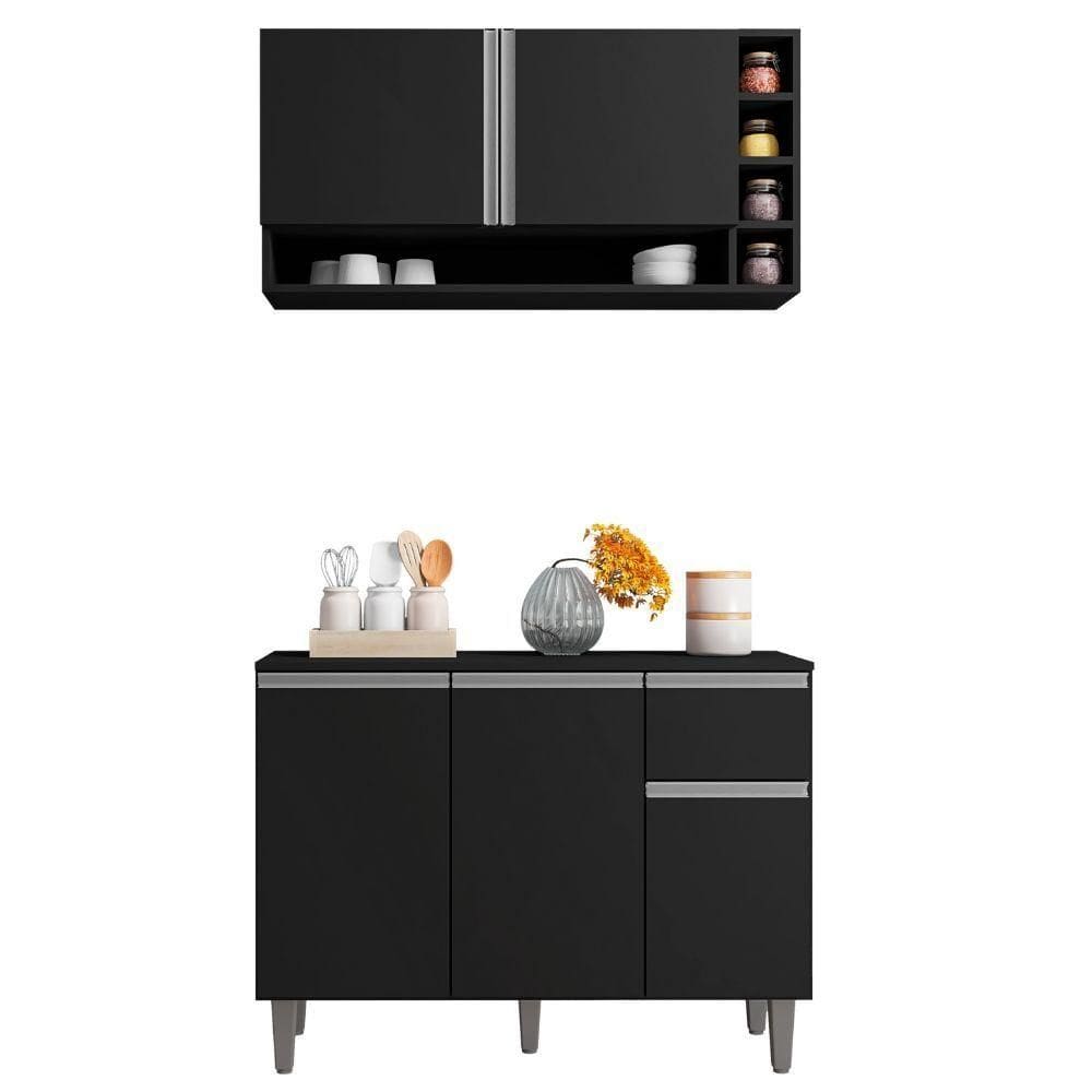 Balcão De Cozinha E Armário Aéreo Vanessa 105 Cm Preto Ajl
