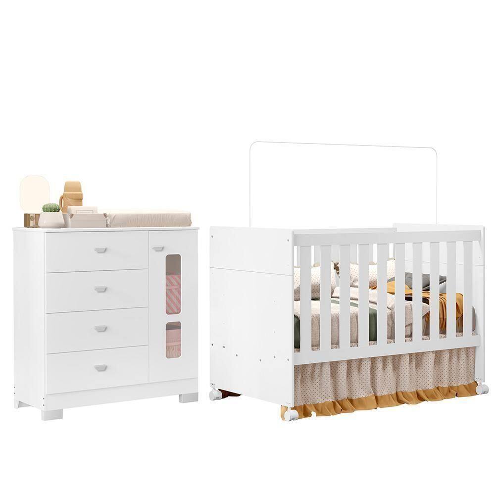 Jogo De Quarto Infantil New Katatau Cômoda E Berço Mini Cama Branco Fosco - Reller Móveis Branco Fosco