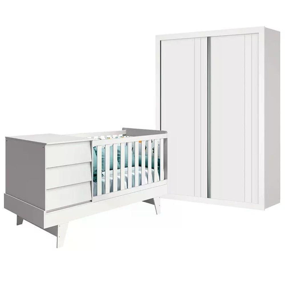 Jogo De Quarto Infantil Prince Com Guarda Roupa E Berço Multifuncional Branco Fosco - Reller Móveis Branco Fosco