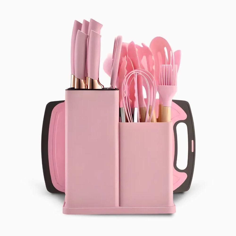 Kit Utensílios De Cozinha Rosa Jogo Completo Com 19 Peças