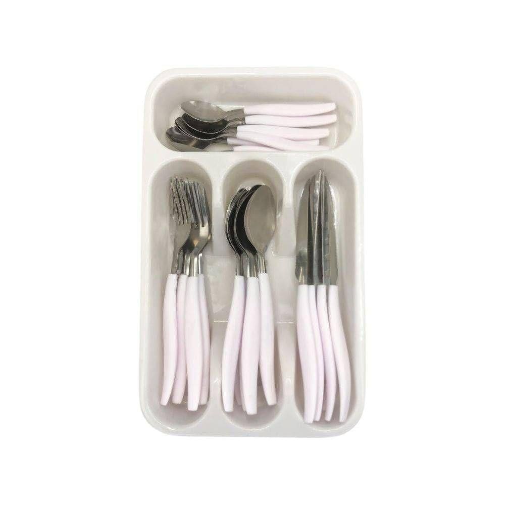 Kit De Talheres Inox 24 Peças Cabo Branco Com Porta Talher
