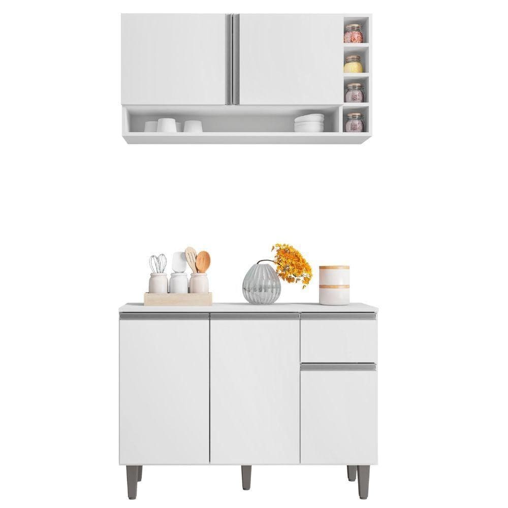 Balcão De Cozinha E Armário Aéreo Vanessa 105 Cm Branco Ajl