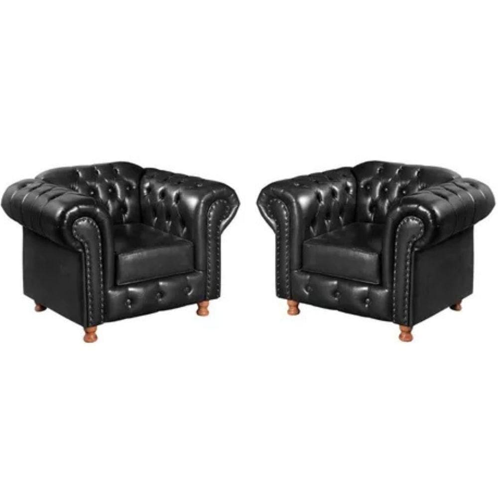 Kit 2 Poltronas Chesterfield Luís Xv Vintage Retrô Capitonê Couro Preto