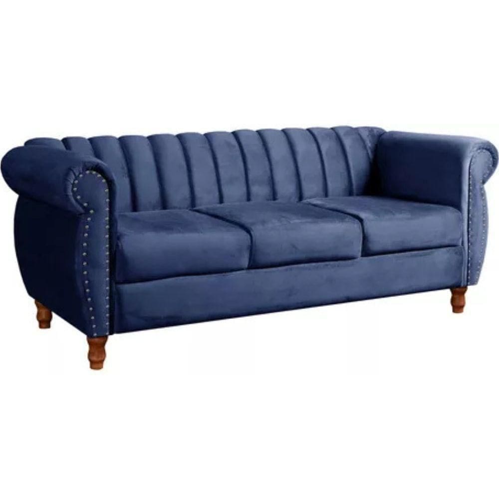 Sofá Chesterfield 3 Lugares Realeza Vintage Retrô Suede Azul Marinho