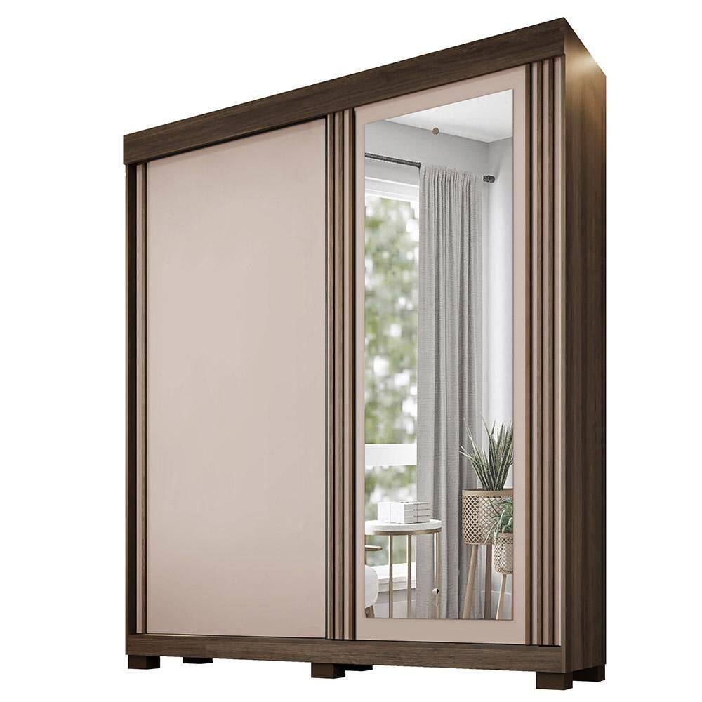 Guarda Roupa 2 Portas De Correr Com Espelho 3 Gavetas Mônaco Benetil Imbuia Off White