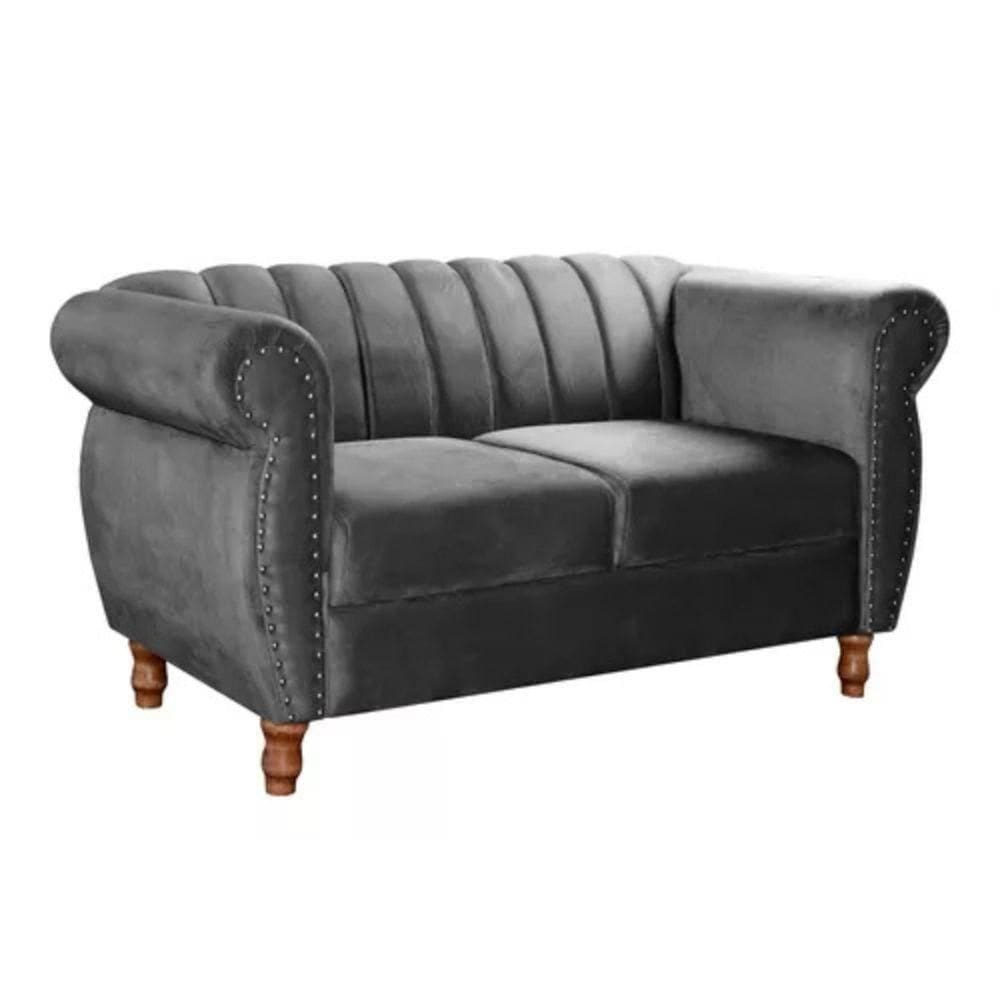 Sofá Chesterfield 2 Lugares Realeza Vintage Retrô Suede Cinza Grafite