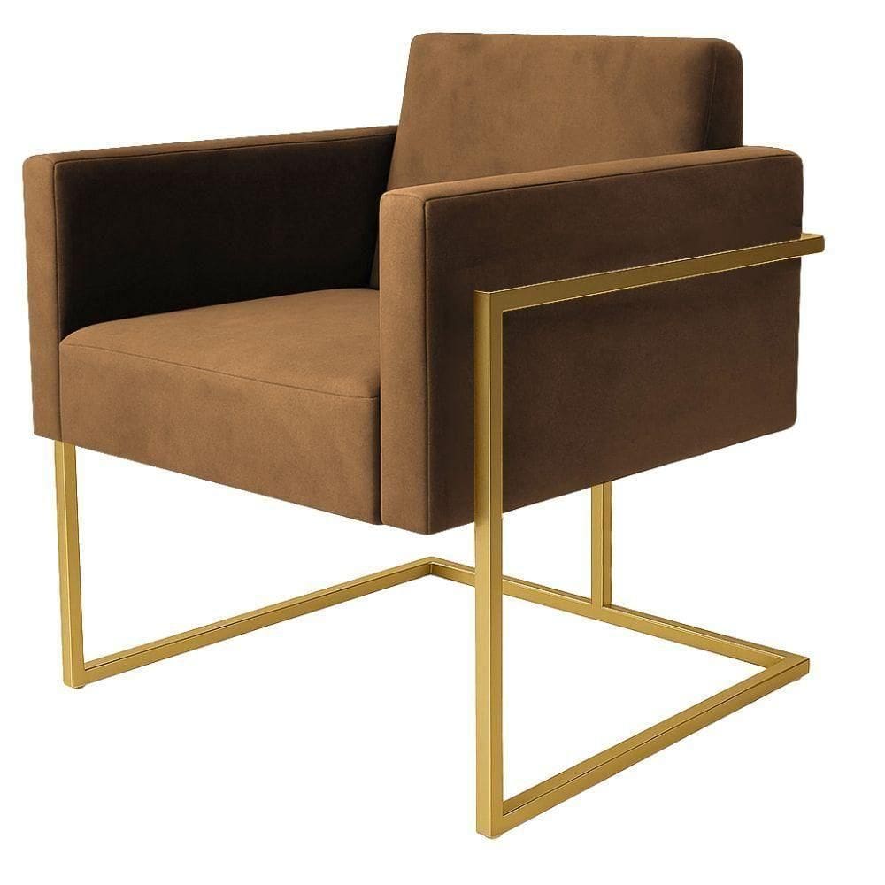 Poltrona Decorativa Bélgica Couro Bege Metal Dourado
