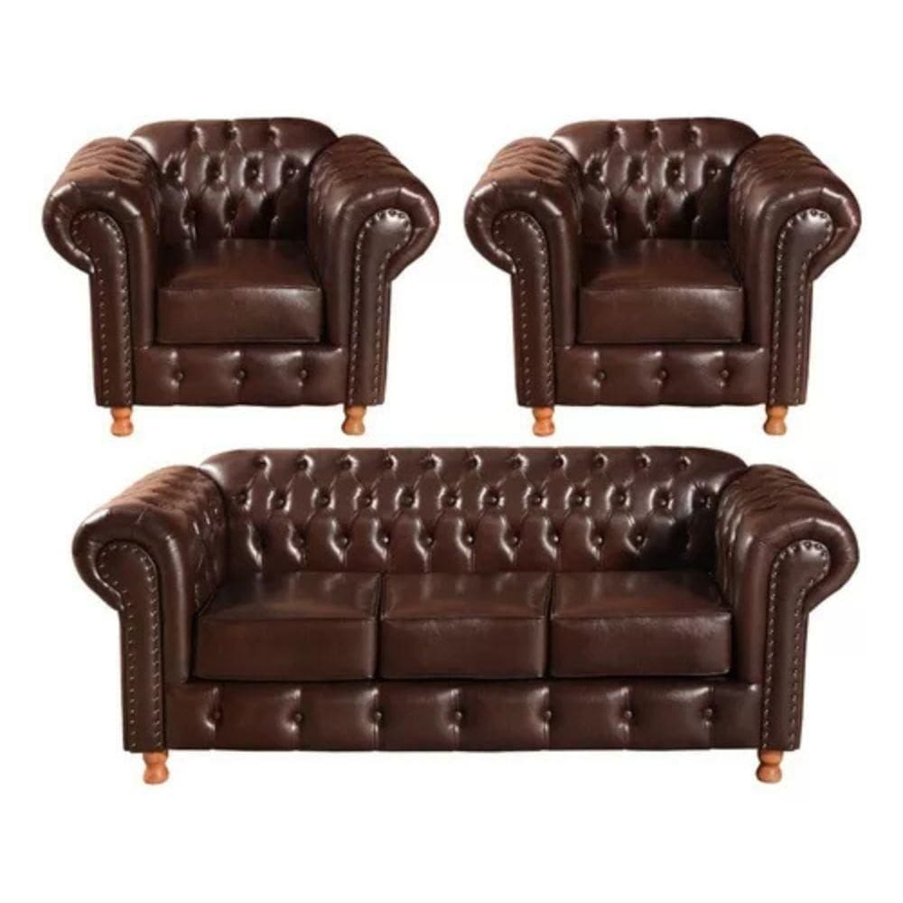 Conjunto Sofá 3 Lugares E 2 Poltrona Chesterfield Luís Xv Vintage Retrô Capitonê Couro Marrom