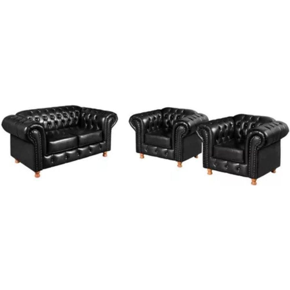 Conjunto Sofá 2 Lugares E 2 Poltrona Chesterfield Luís Xv Vintage Retrô Capitonê Couro Preto