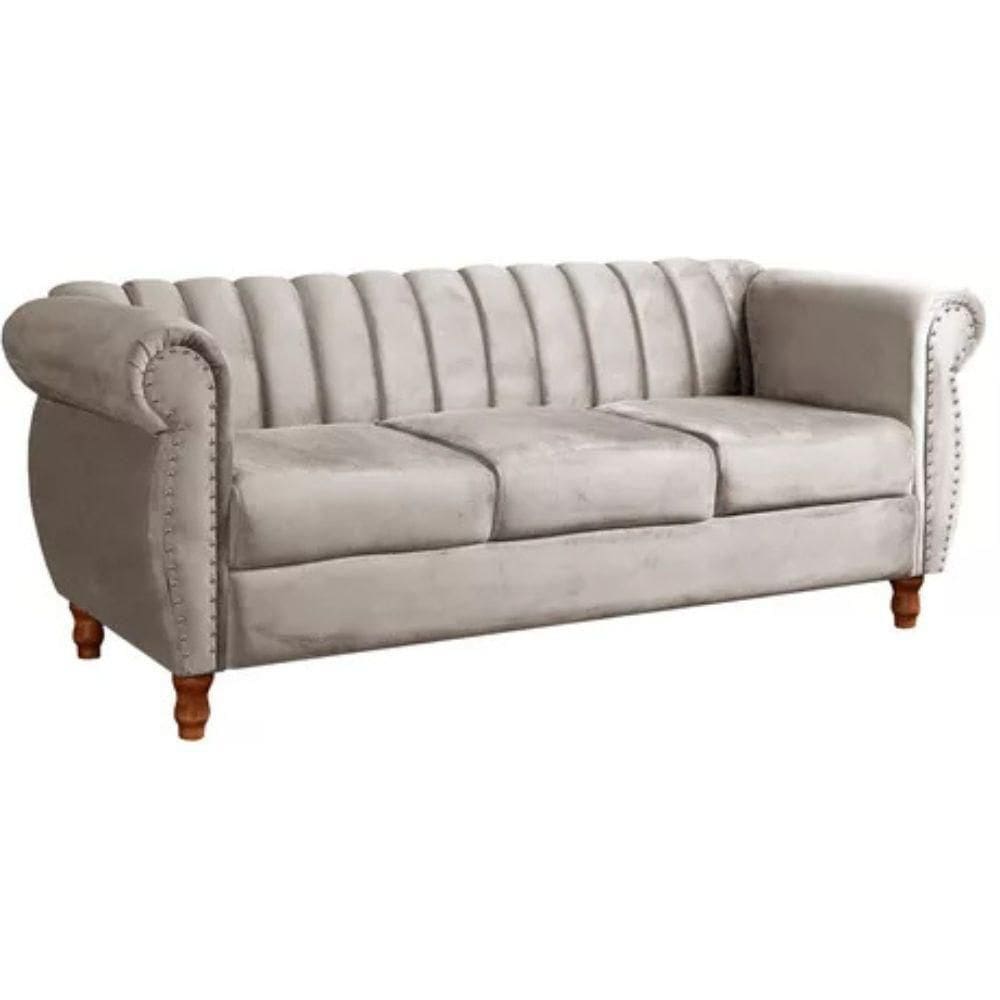 Sofá Chesterfield 3 Lugares Realeza Vintage Retrô Suede Bege Claro