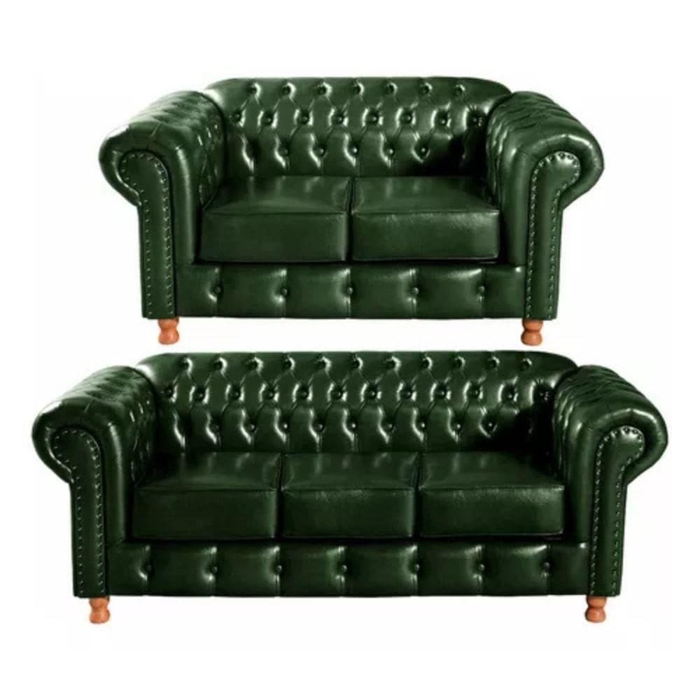 Conjunto Sofás 2 E 3 Lugares Chesterfield Luís Xv Vintage Retrô Capitonê Couro Verde