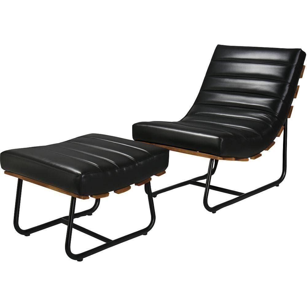 Poltrona Costela Rubi Com Puff Couro Preto Metal Preto