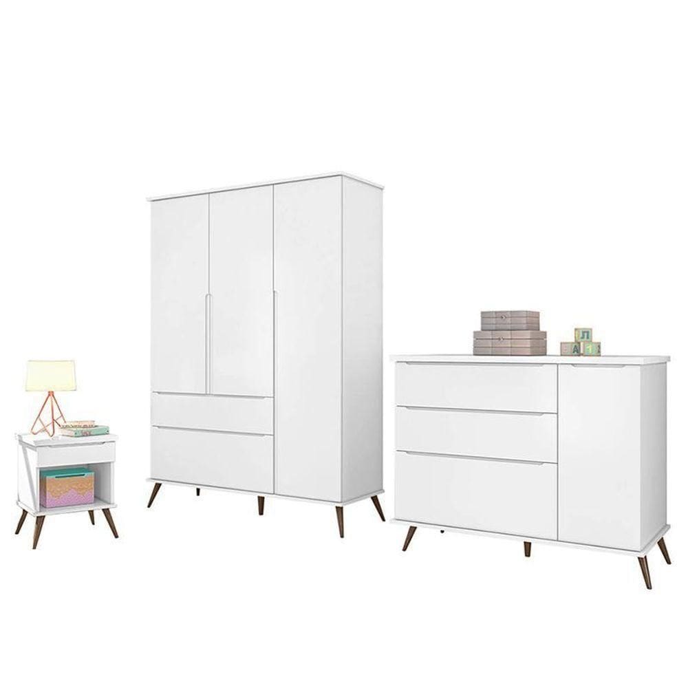 Jogo De Quarto Infantil Retrô Melinda Guarda Roupa, Cômoda Com Porta E Mesinha Branco - Phoenix Baby Branco