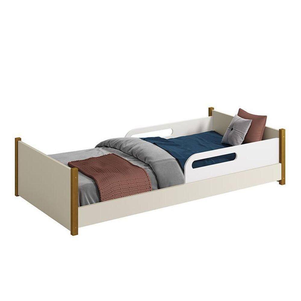 Cama Evolutiva Ravi Areia Pés Amadeirado, Proteção Lateral Usinada E Colchão D20 - Reller Móveis Areia Fosco