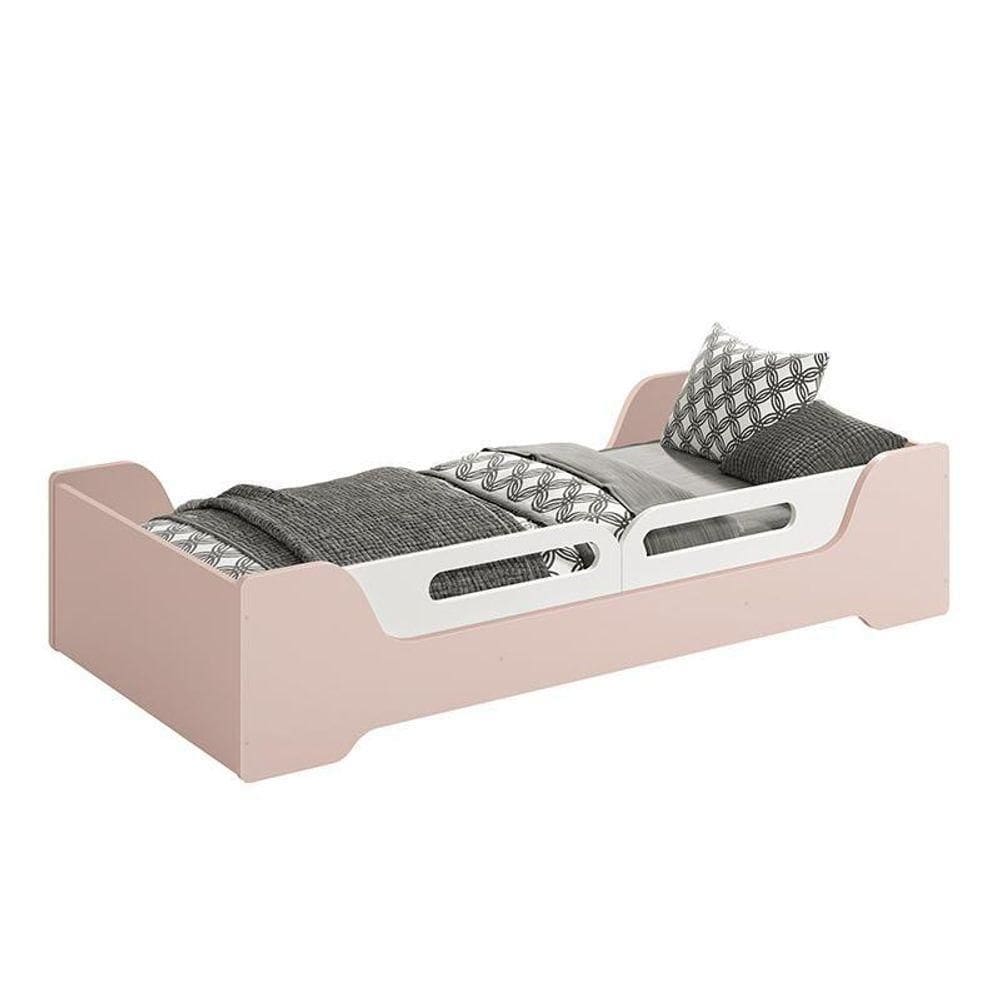 Cama Evolutiva Zaki Rosa Fosco Com Proteção Lateral Usinada E Colchão D20 - Reller Móveis Rosa Fosco