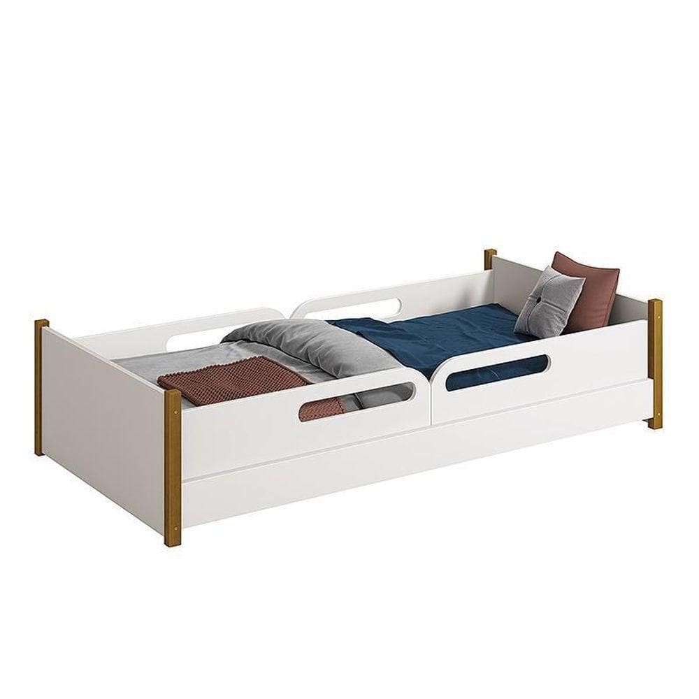 Cama Evolutiva Ravi Branco Pés Amadeirado, 2 Kits Grade Lateral Usinada E Colchão D33 - Reller Móveis Branco Fosco