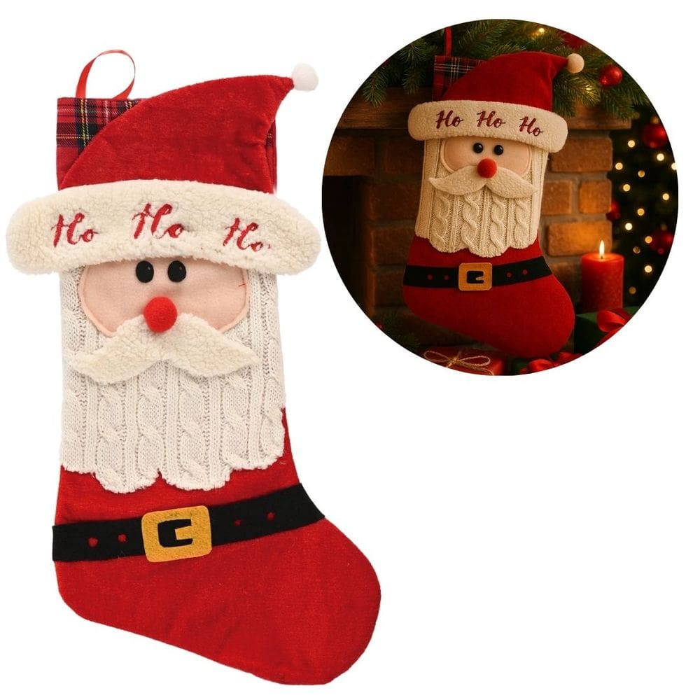 Meia Natalina Pelúcia Veludo Felpudo Papai Noel Barba Tricô 46cm - Magizi