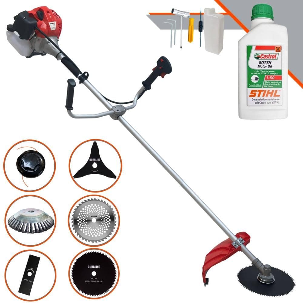 Máquina de Cortar Grama À Gasolina Anmax CG430-P 43cc 2HP 9.000rpm Roçadeira Lateral 6 Em 1 C/ Carretel + Kit 4 Facas + Escova de Aço + ÓLEO STIHL 2T