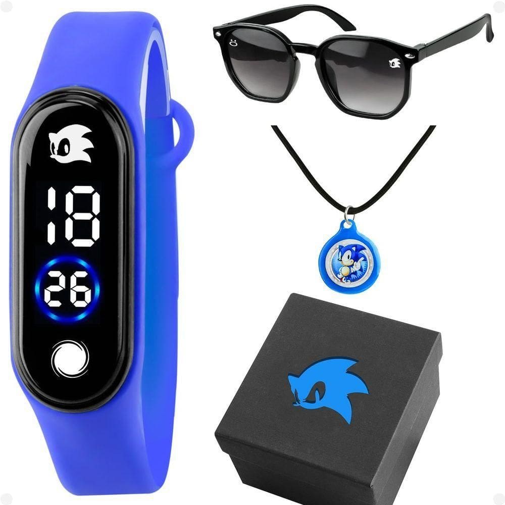 Relogio Sonic Digital Infantil + Sunglasses + Necklace + Box Acetato Qualidade Premium Preto Azul