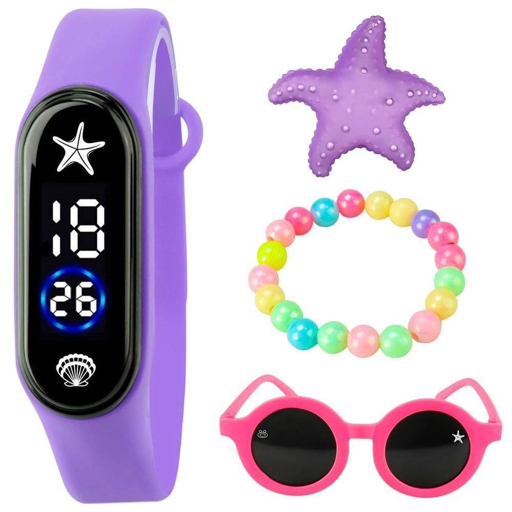 Relógio Digital Infantil Prova Dagua + Oculos Sol + Pulseira Colorida Menina Qualidade Premium Roxo