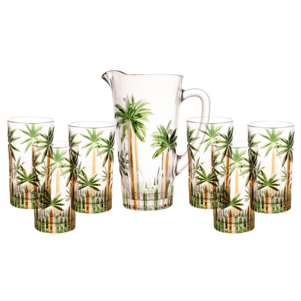Conjunto Jarra Com 6 Copos De Cristal Palm Tree Handpaint - Wolff