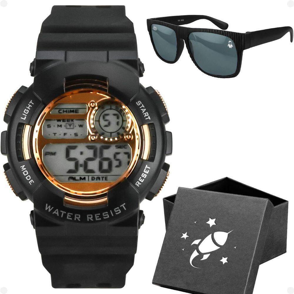 Relogio Infantil Digital Menino Preto + Caixa + Oculos Sol Adolescente Silicone Ajustavel Data Rose