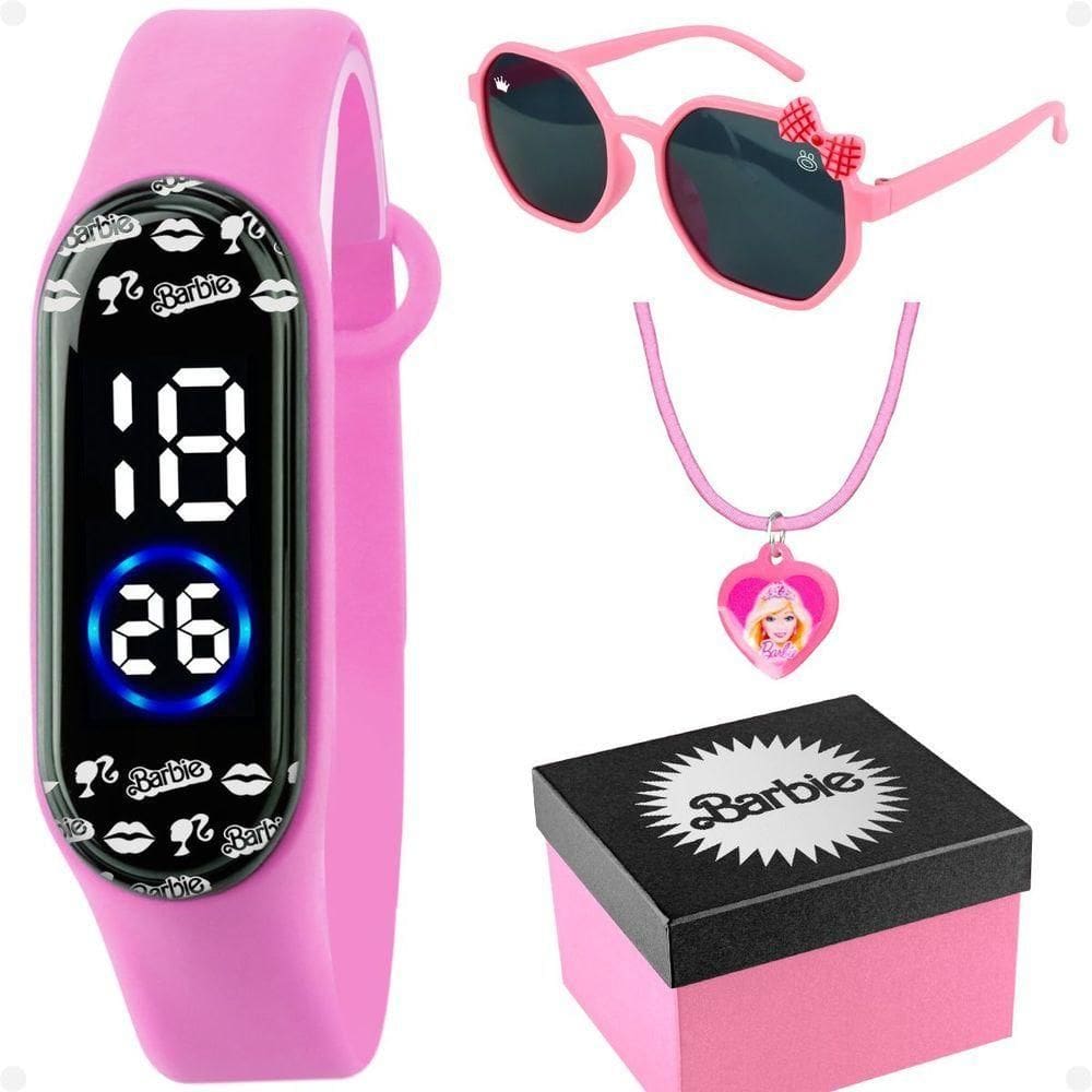 Relogio Infantil Digital Rosa Barbie + Caixa + Oculos Sol Resistente Menina Proteção Uv Presente
