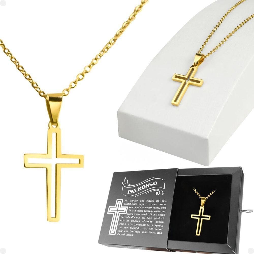 Cordão Banhado Ouro + Pingente Crucifixo Religião + Caixa Qualidade Premium Casual Hip Hop Grumet