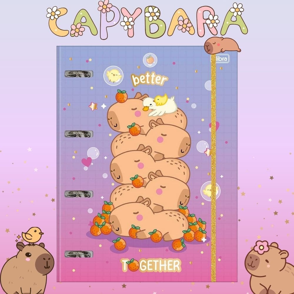 Caderno Argolado CapyClub Cartonado Universitário com Elástico Capivara 48 Folhas Tilibra | Papelaria | Decorado | Fofo