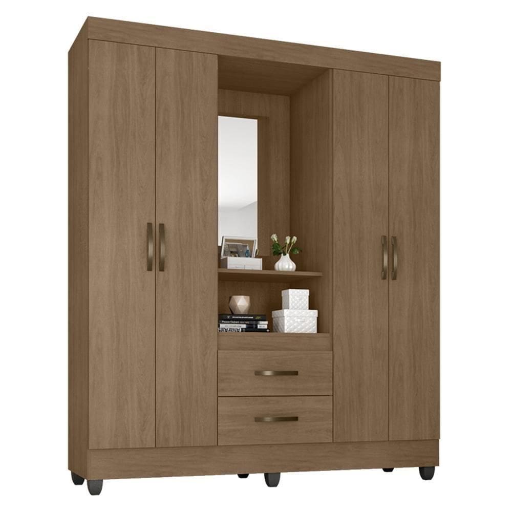 Guarda Roupa Capelinha Lite 4 Portas E 2 Gavetas Carvalho Oak Com Espelho - Móveis Leão Carvalho Oak