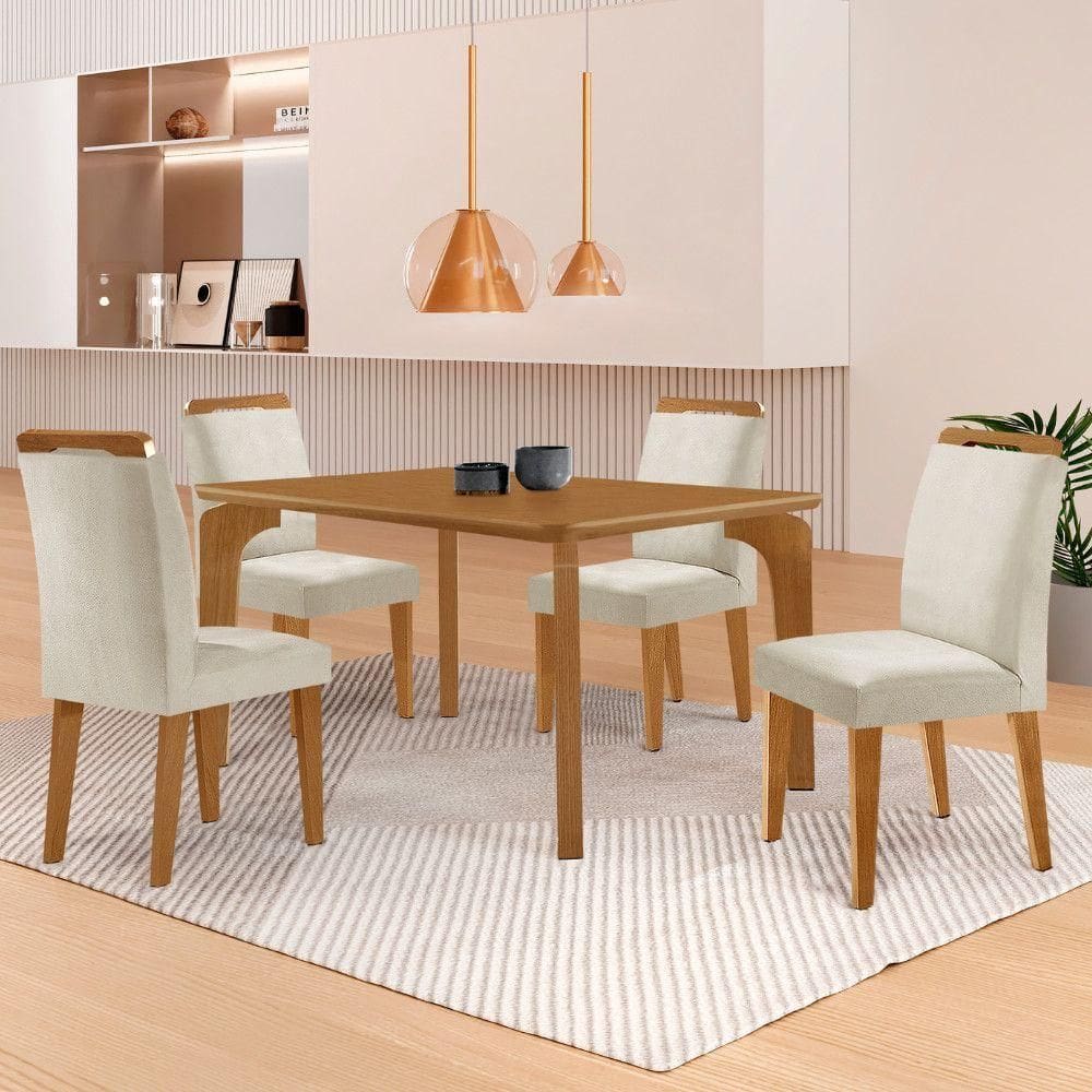 Mesa Liz 120 Mdf Com 4 Cadeiras Athenas Veludo Creme/naturalle/naturalle