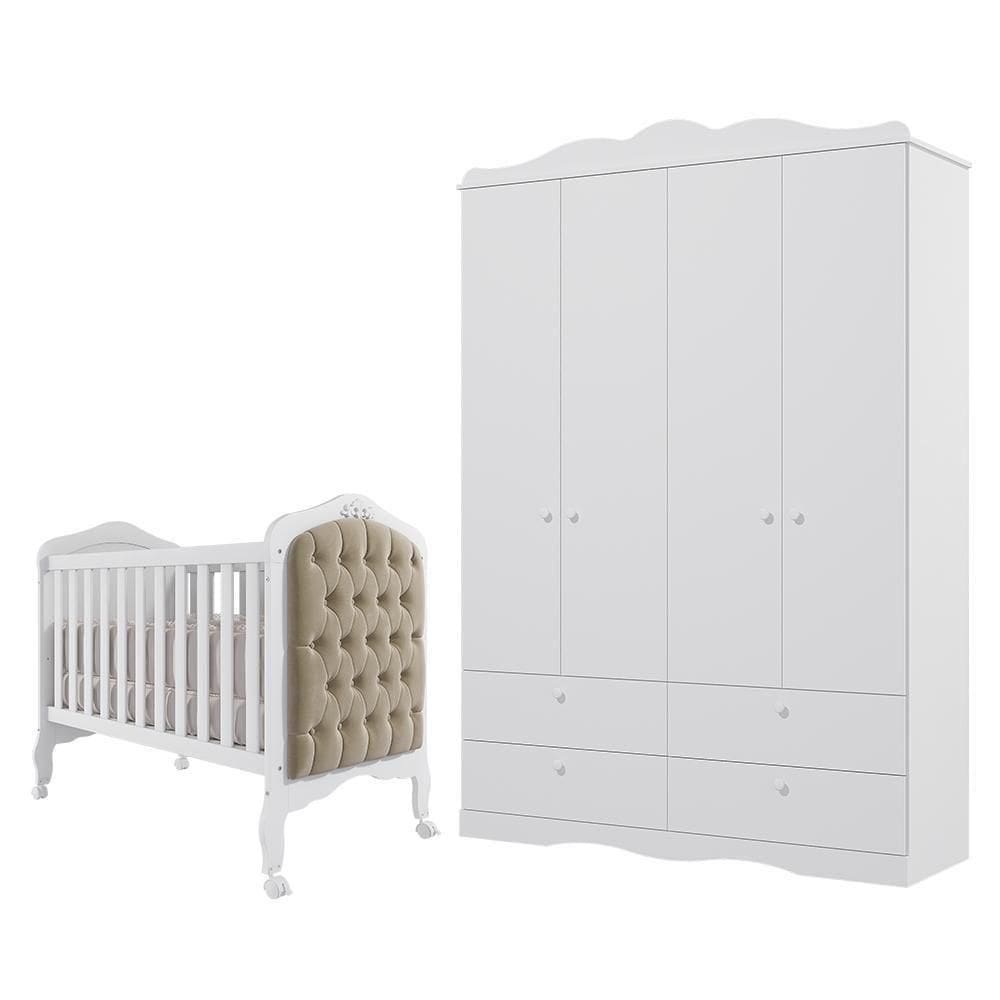 Jogo De Quarto Infantil Guarda Roupa E Berço Harmonia Branco Com Capitonê - Permóbili Baby Branco