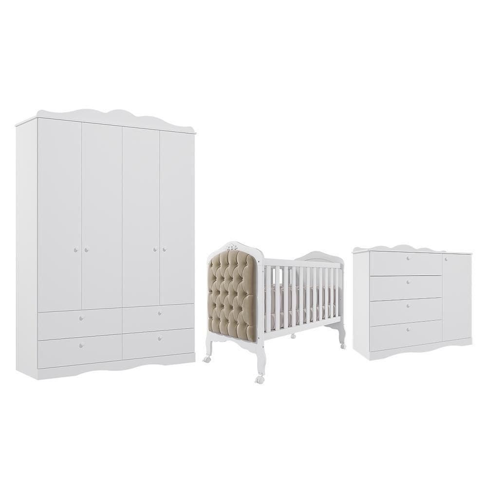 Dormitório Guarda Roupa, Cômoda E Berço Harmonia Branco Com Capitonê - Permóbili Baby Branco