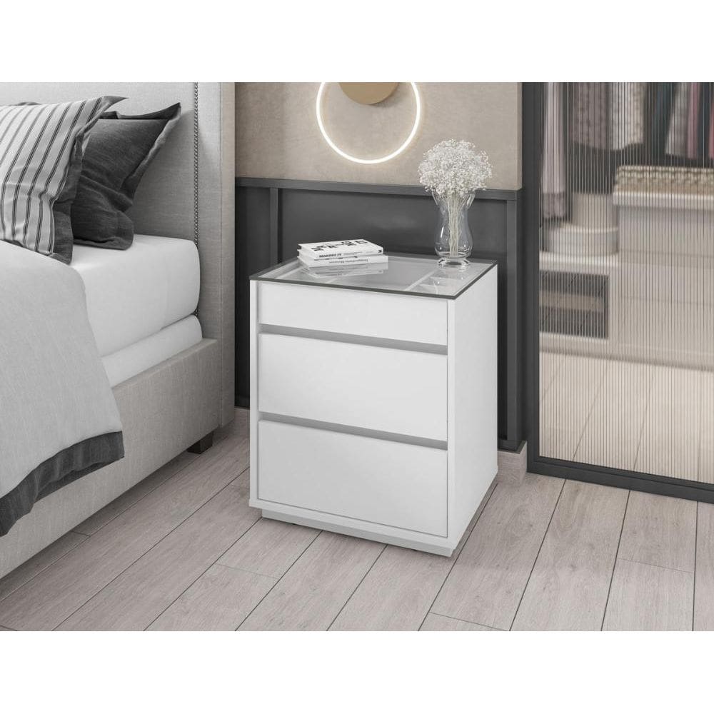 Mesa de Cabeceira 3 Gavetas Porta itens Serena Branco