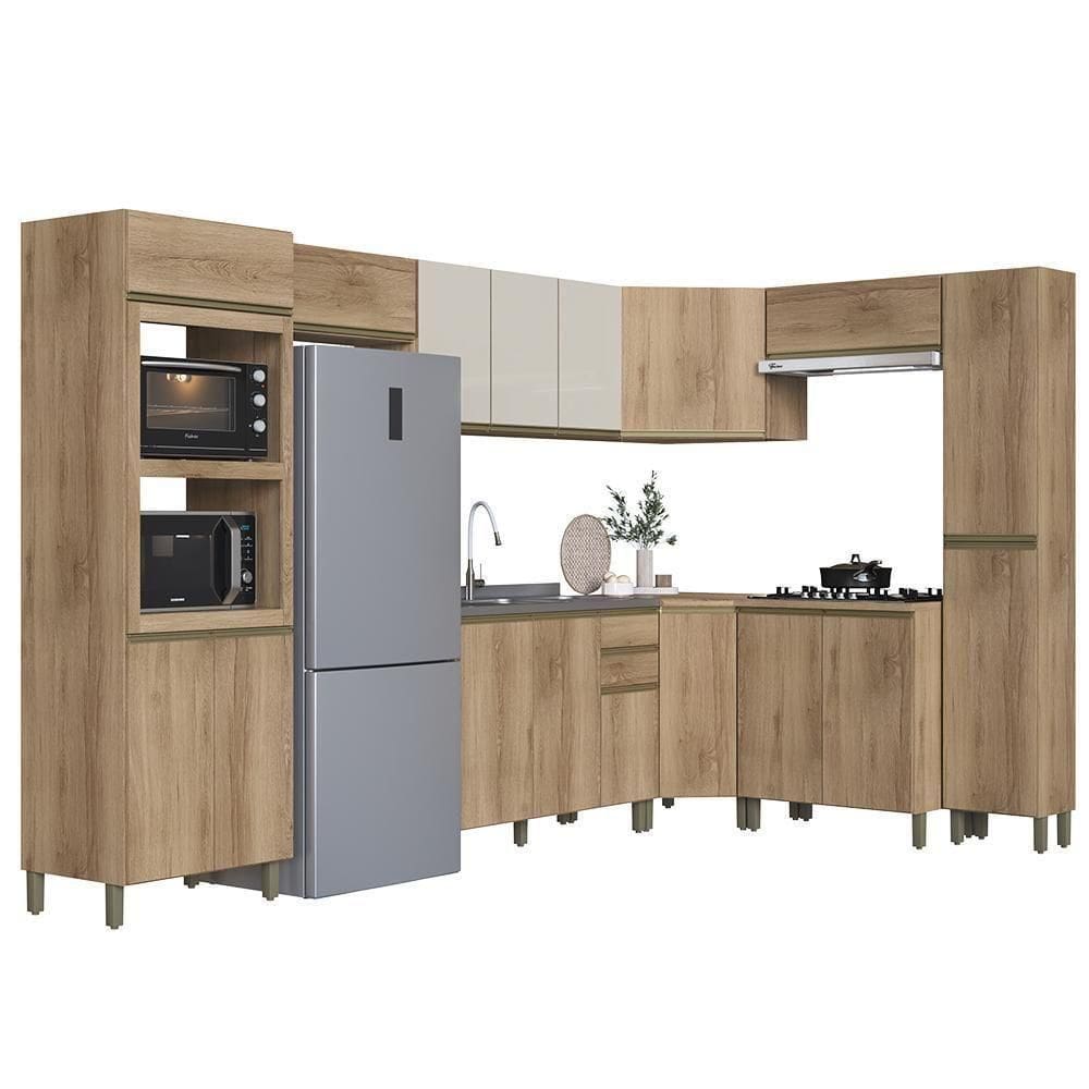 Cozinha Modulada De Canto Dinamarca 9 Peças Com Torre Quente 2 Fornos E Paneleiro Castani - Indékes Castani