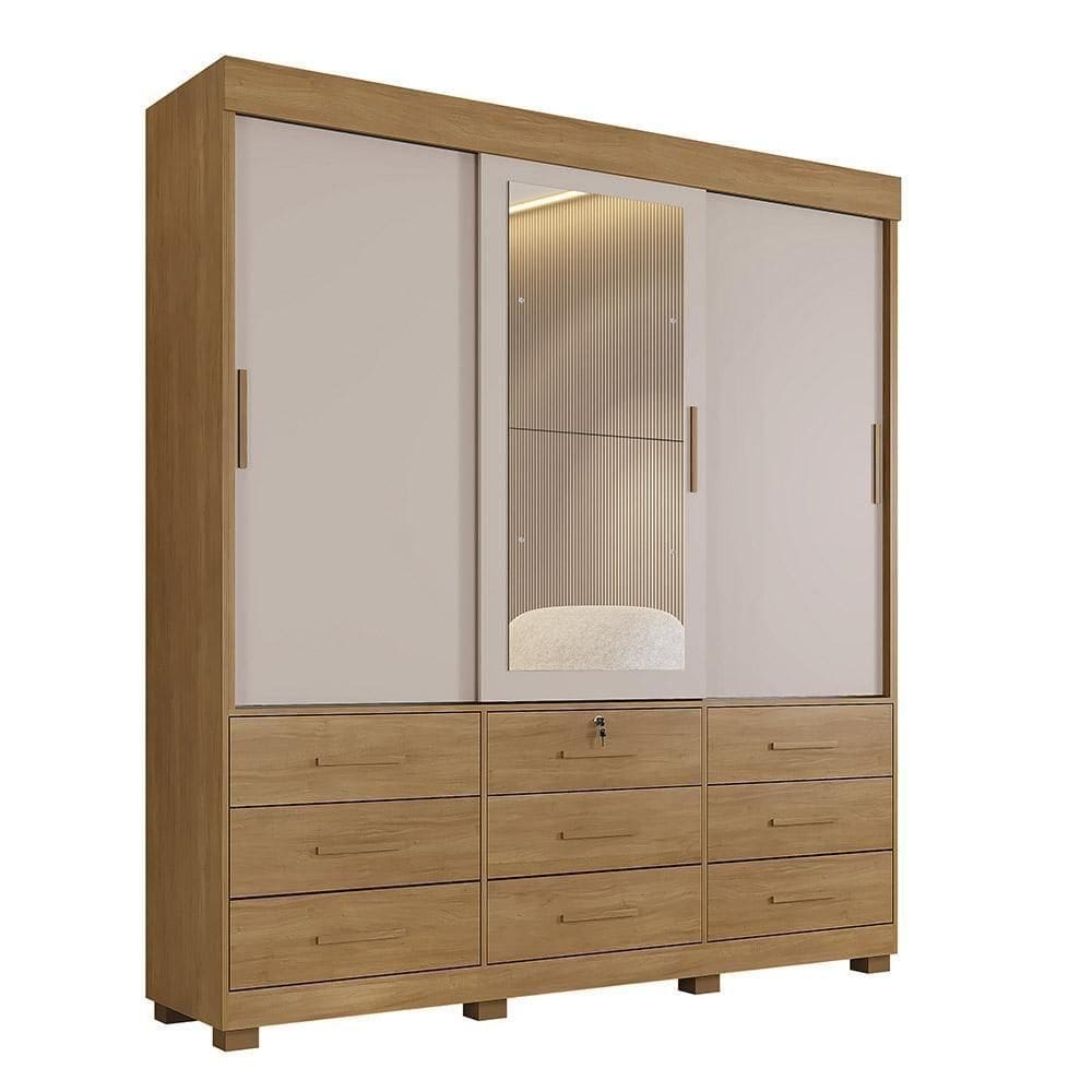 Guarda Roupa 3 Portas De Correr Com Espelho 9 Gavetas Londres Benetil Cinamomo Off White