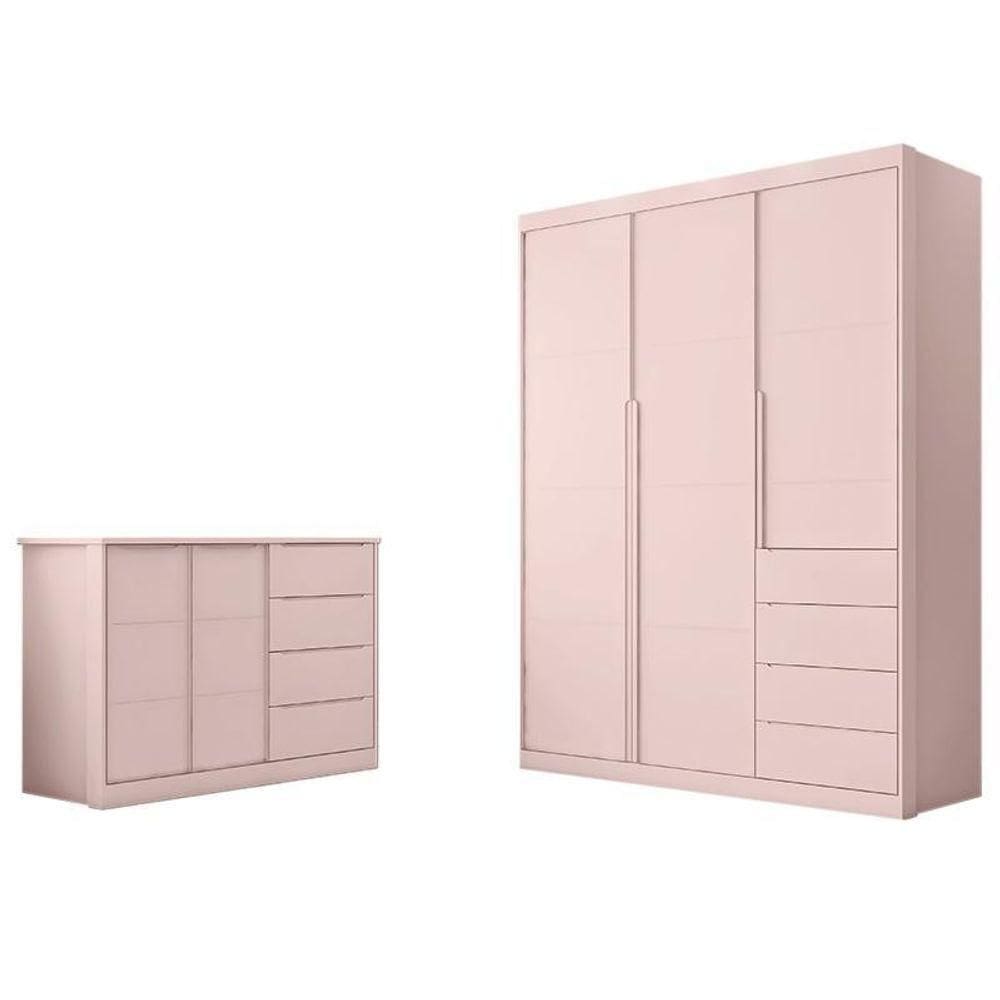 Jogo De Quarto Infantil Pietra Com Guarda Roupa E Cômoda Rosê - Pr Baby Rosê