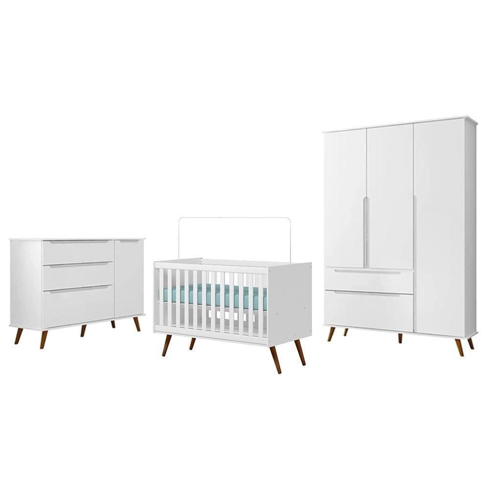 Dormitório Melinda Guarda Roupa, Cômoda Com Porta E Berço Retrô Branco Acetinado - Phoenix Baby Branco Acetinado