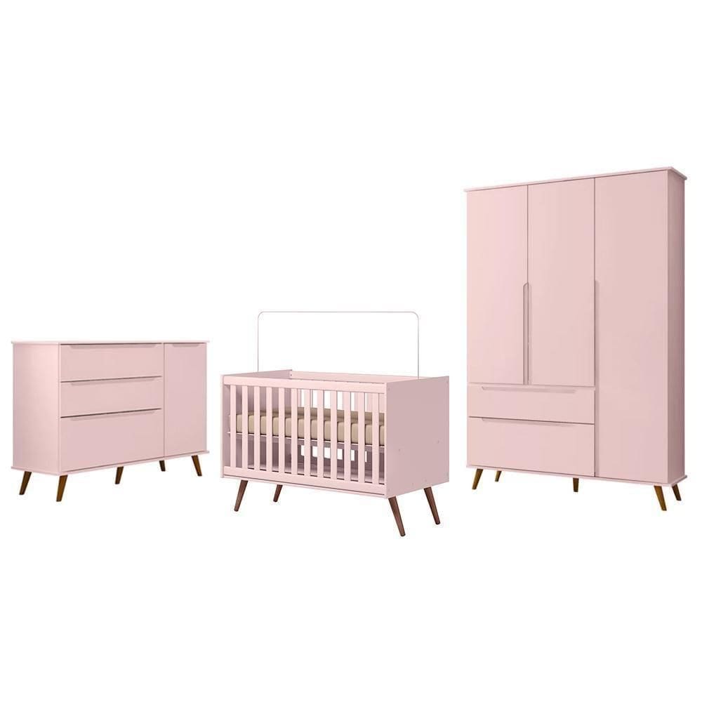 Dormitório Melinda Guarda Roupa, Cômoda Com Porta E Berço Retrô Rosê Acetinado - Phoenix Baby Rosê Acetinado