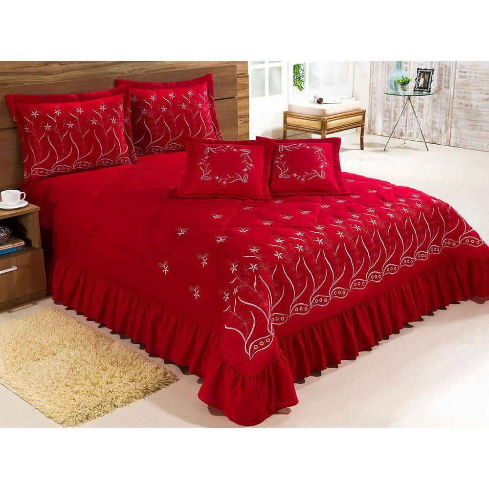 Kit Cobre Leito Casal Super King 7 Peças Bordado Vermelho