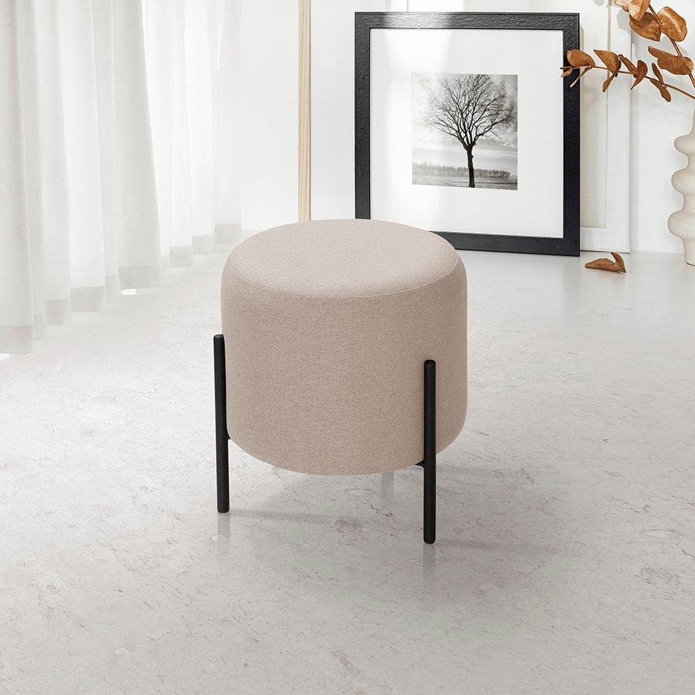 Puff Redondo Orgânico Pés Ferro Para Sala e Quarto Encantos  Linho Bege