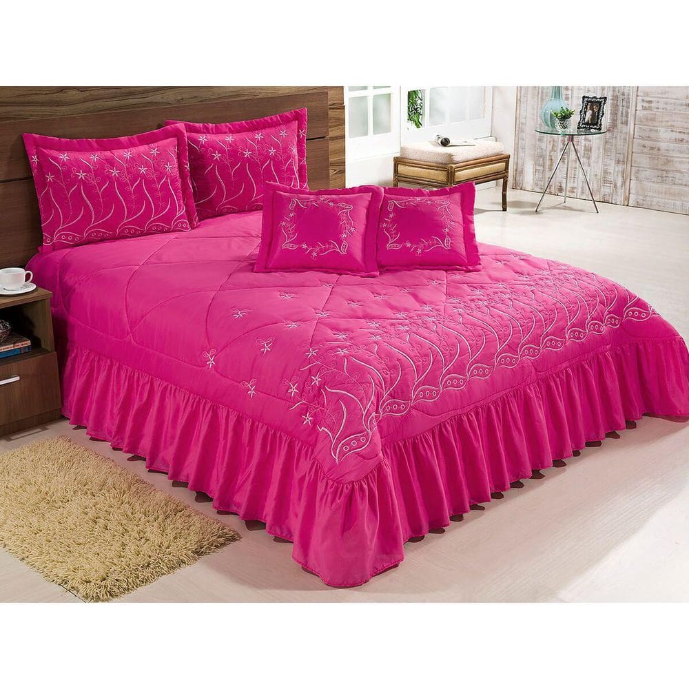 Kit Cobre Leito King Desejos 07 Peças Bordado Colcha - Pink