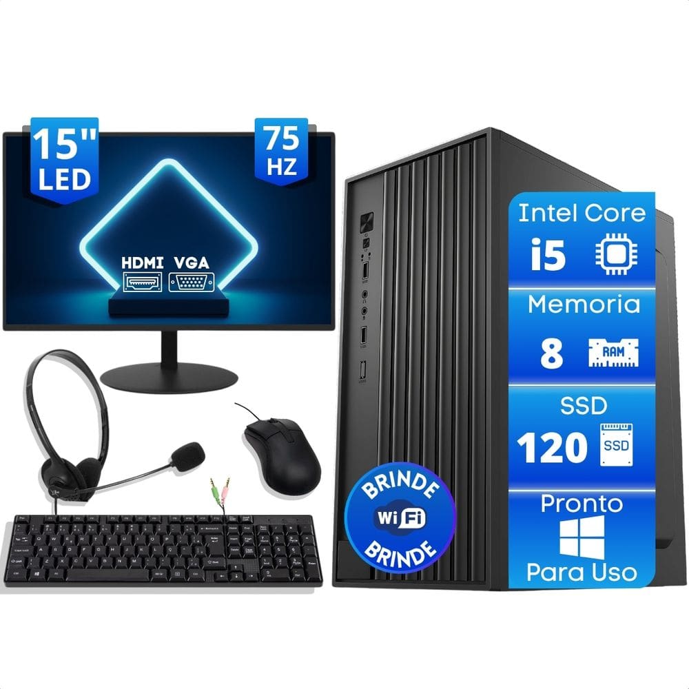 Computador Office Completo Intel Core I5 8Gb SSD 120Gb Monitor 15 Fone Headset